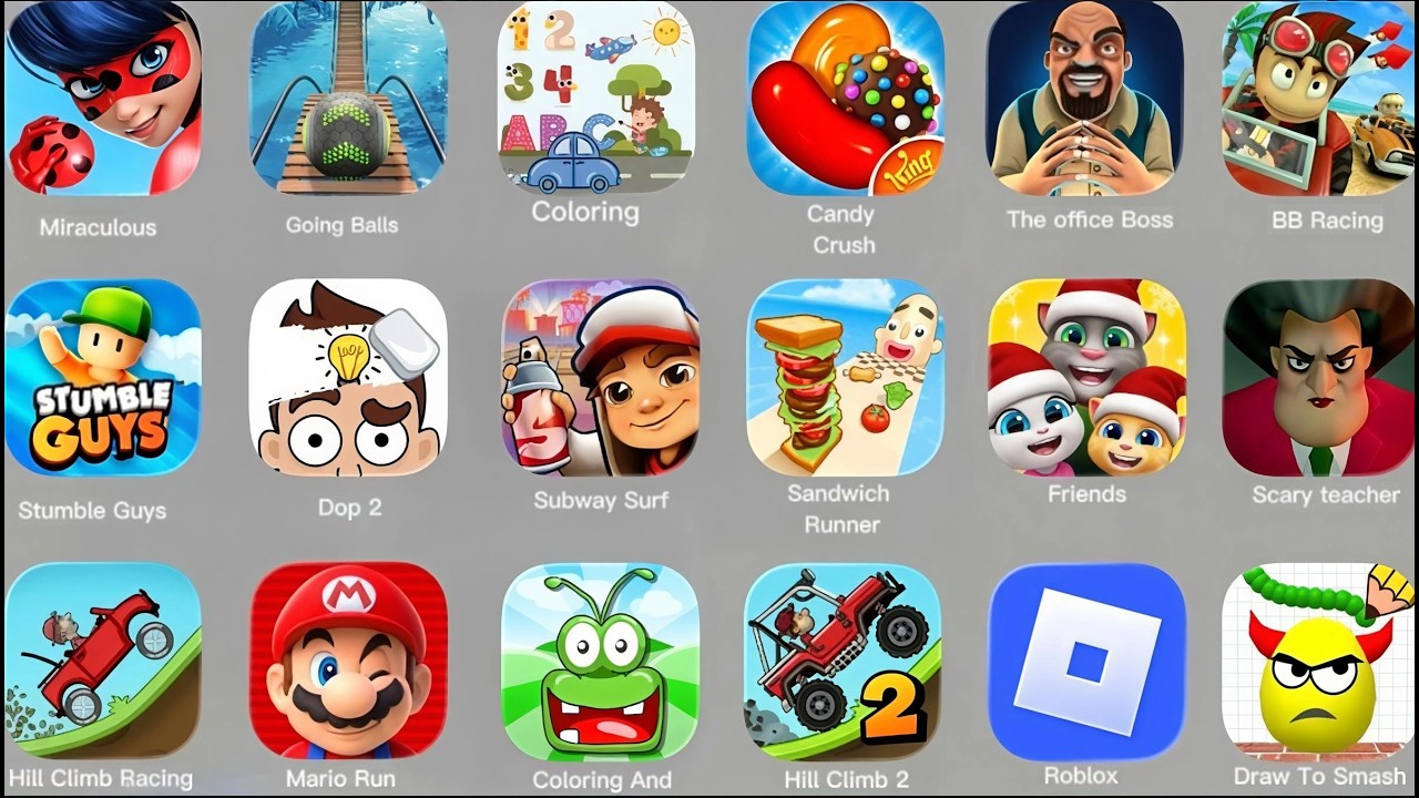 Hill climb racing, The office Boss, Stockman Party, Scary teacher 3D, Mario Kart, BB Racing