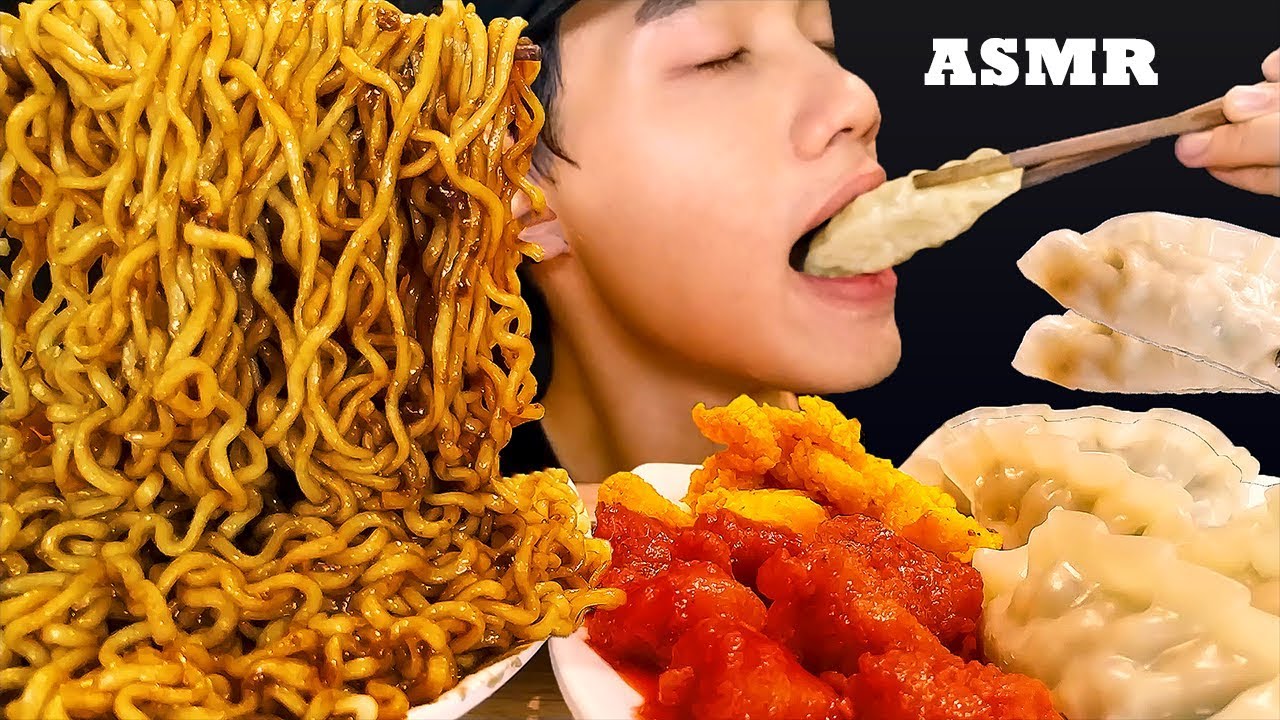 ASMR *BIG BITES* BLACK BEAN NOODLE + CHICKEN POPCORN+ DUMPLINGS MUKBANG | TANTAN Twins ASMR