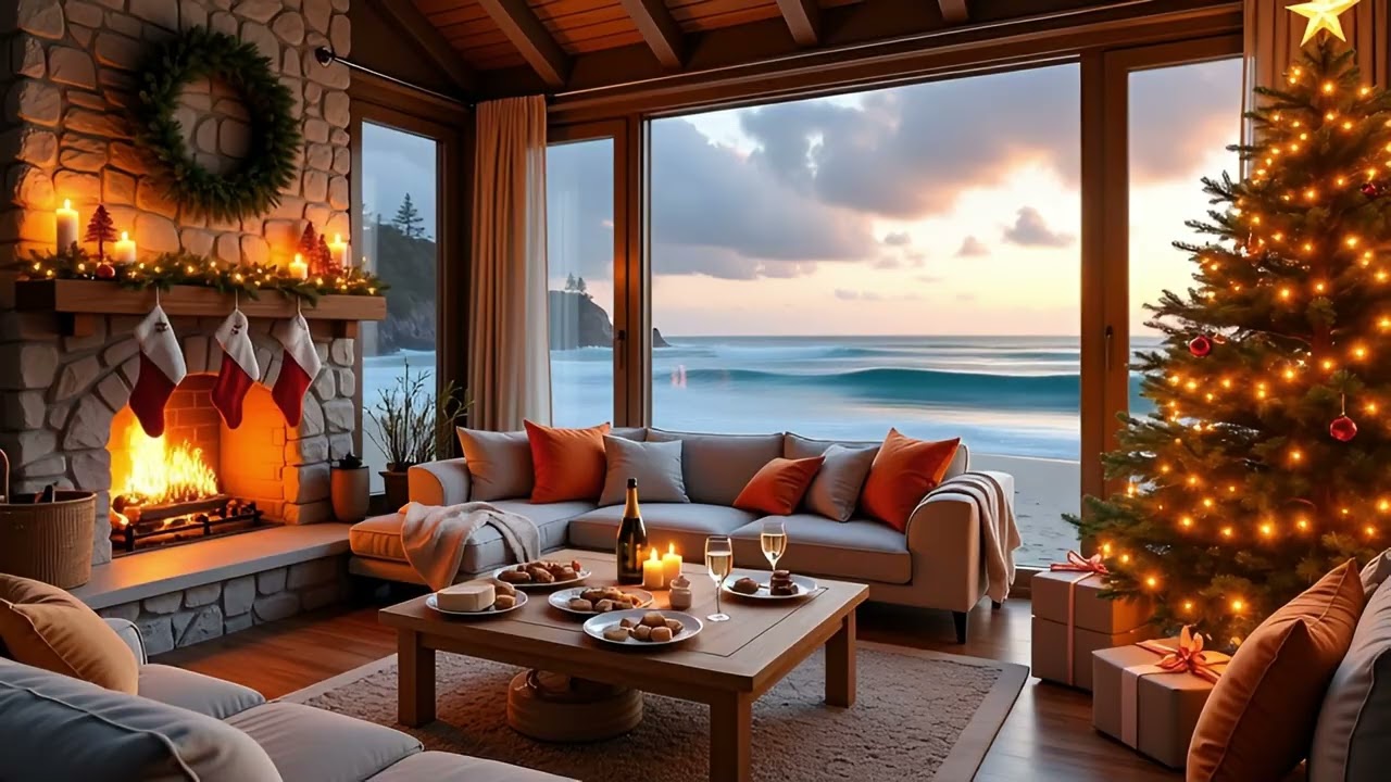 Cozy Holiday Beach House 10 Hours Fireplace Crackles & Ocean Waves Sleep Soundscape
