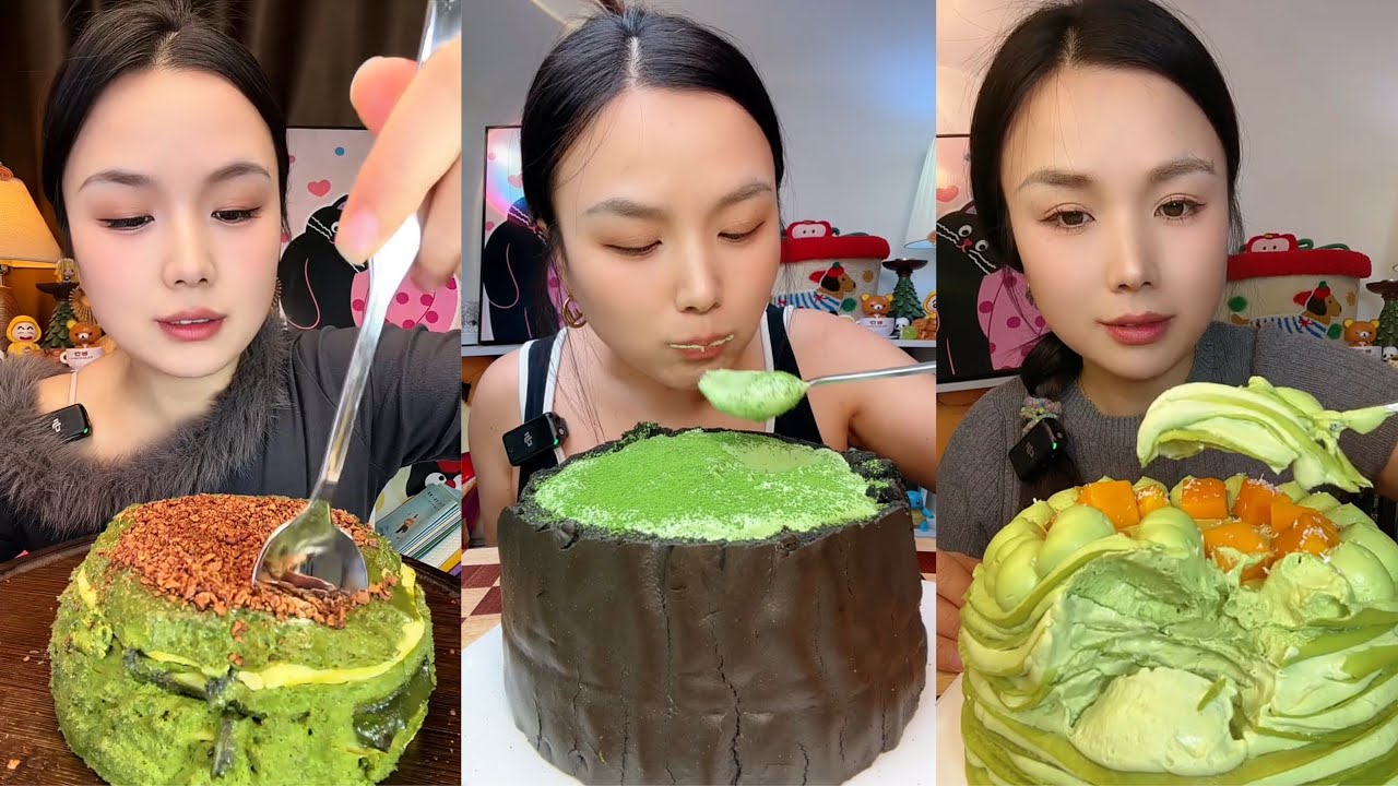 asmr mukbang &ndash; matcha cake dessert eating | green tea cream & smooth eating sounds