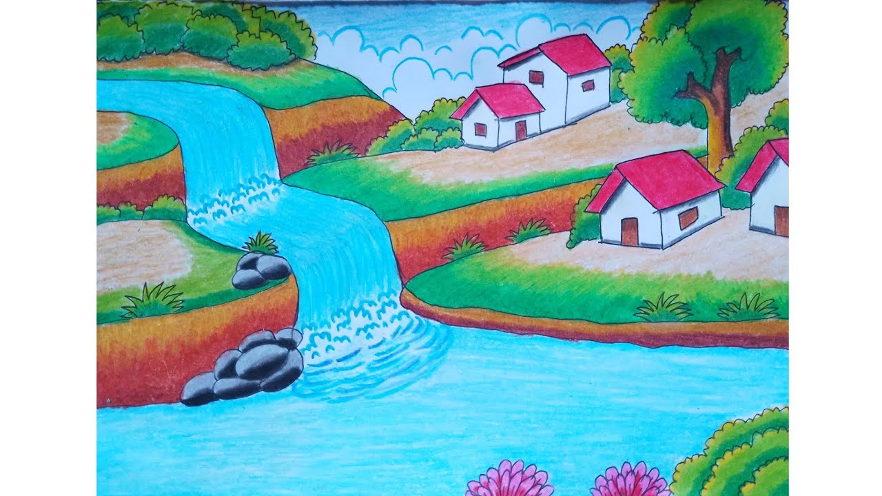 How to draw a simple scenery and draw waterfall | Beautiful landscape | Very easy drawing