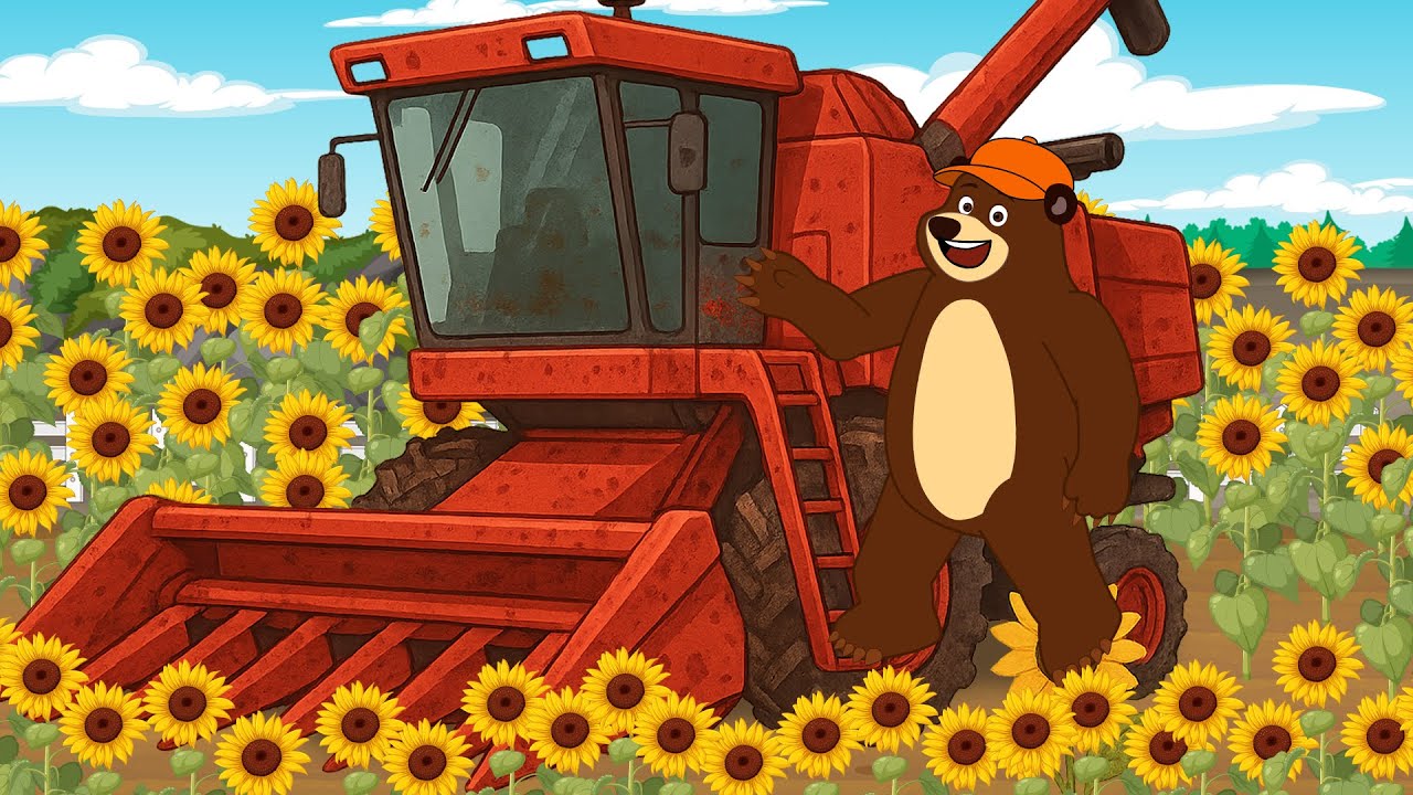 Harvesting Sunflower Seeds on Bear’s Farm with the Harvester 🌻🚜 |Farming Animation
