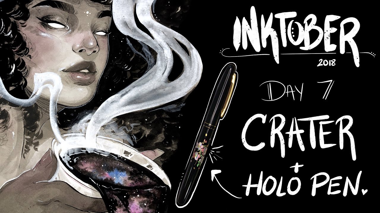 Inktober 2018 ~ DAY SEVEN ~ Crater ~ Holographic Kuretake Brush Pen Unboxing and Process Inking