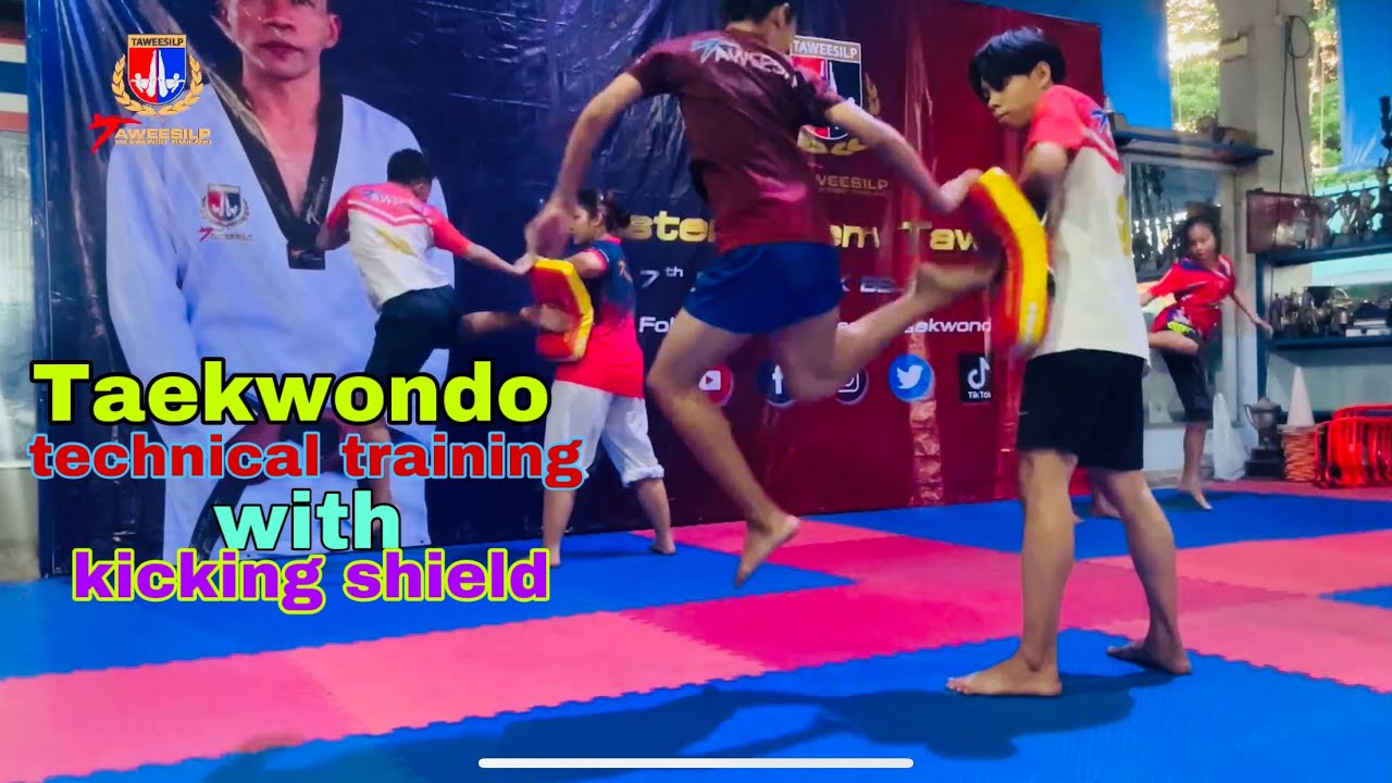 Taekwondo technical training with kicking shield