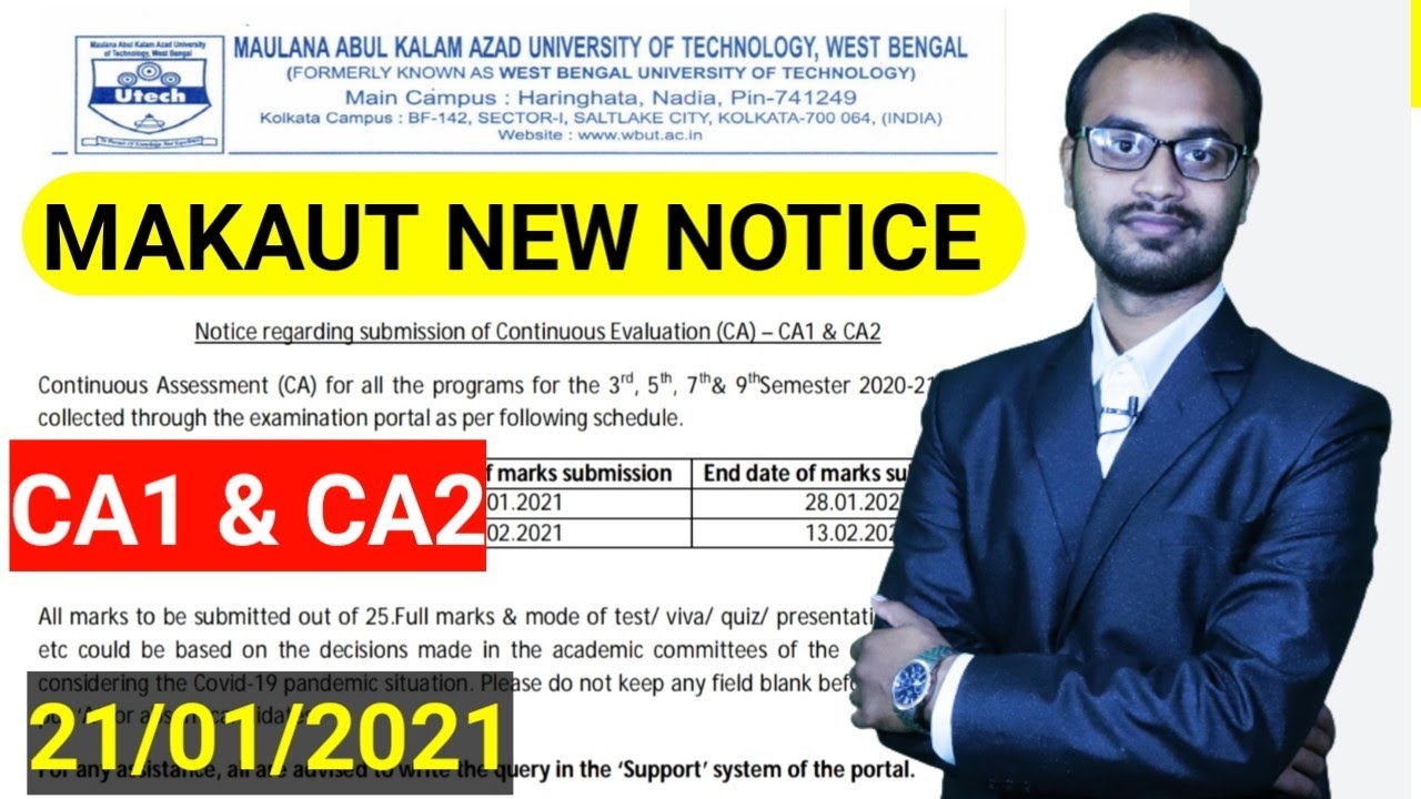 MAKAUT University New Notice (21/01/2021) CA1 & CA2 Number Update