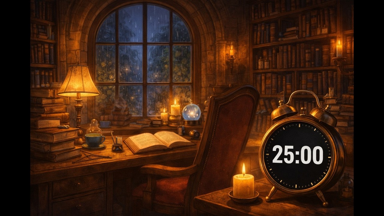 Study in a Rainy Antique Library 🕯️⛈️ | 1 Hour Pomodoro Timer (25/5)