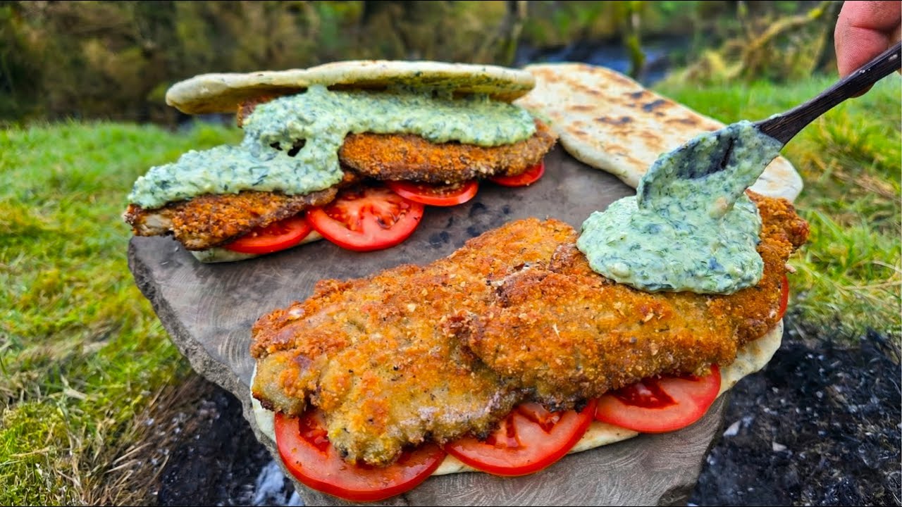 Crispy Schnitzel Pesto Sandwich cooked on Volcanic Stone: Wilderness Fry