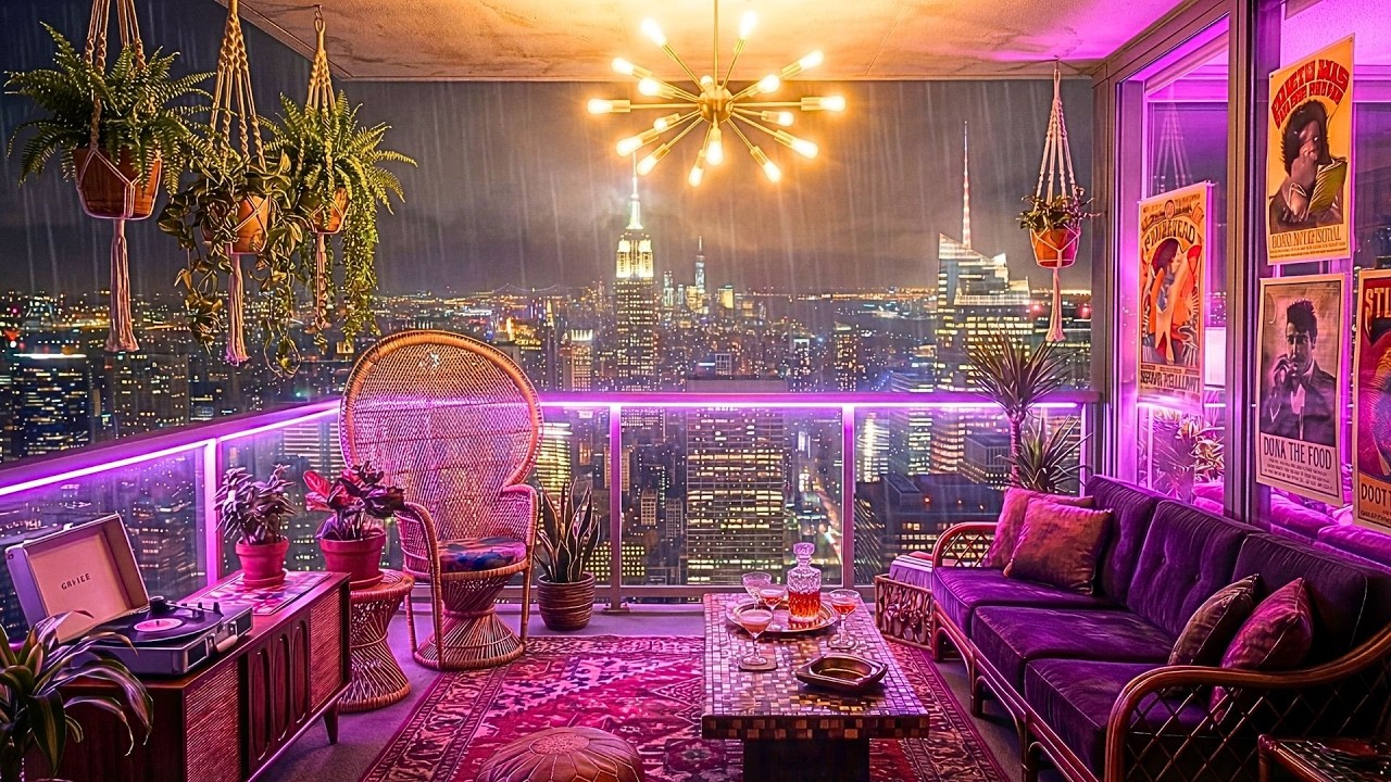 Retro Skyline Rain Ambience 🌧️🌆Chill Out Jazz Lofi Lounge Music