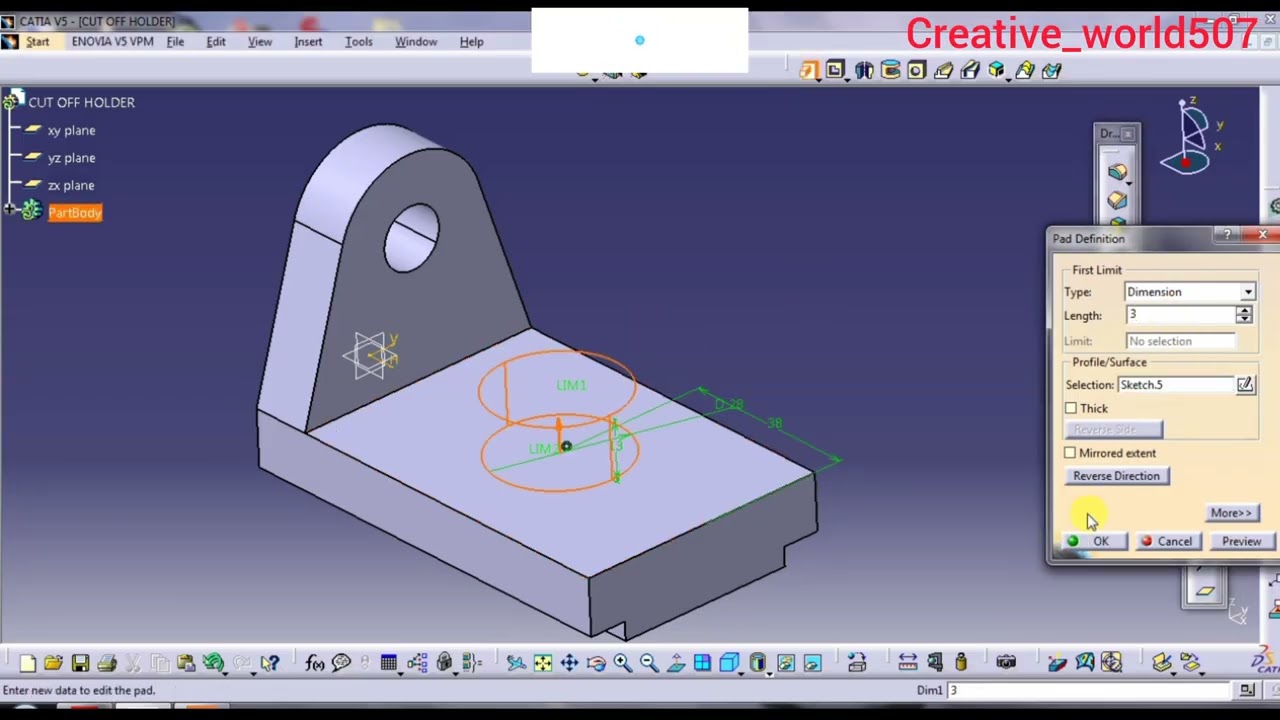 CATIA 3D Part Modeling | Cut-Off Holder Design Step-by-Step 🔧#catia#mechanicaldesign 