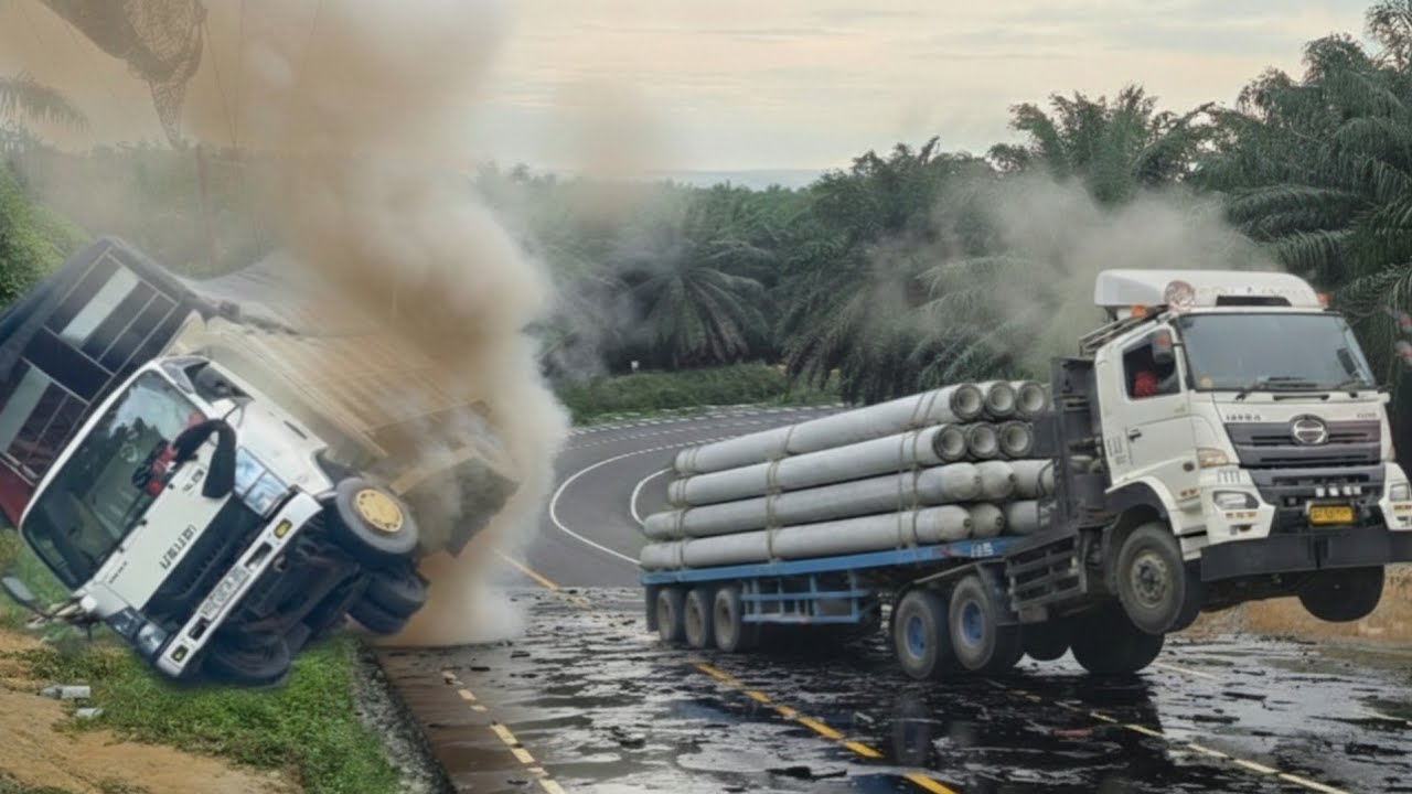 Truck Terbalik || Kepala Truck Trailer Muatan Paku Bumi 60 Ton Berguncang Keras Di Bukit Kodok