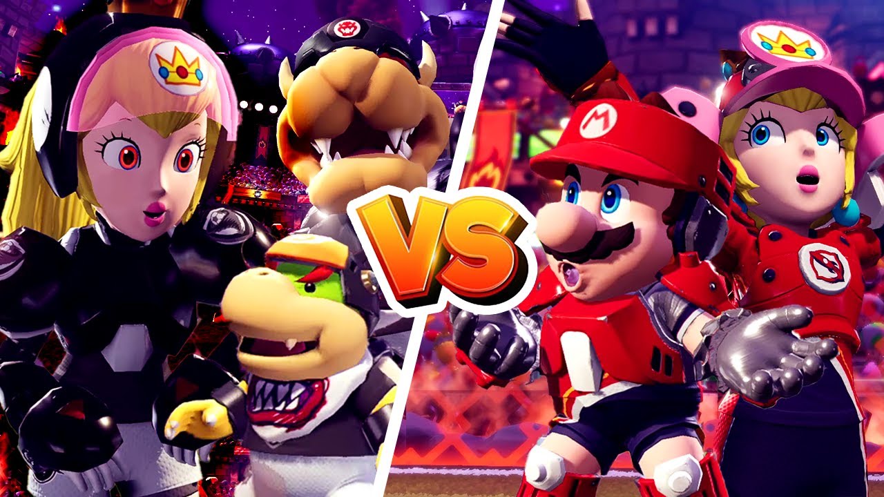 Mario Strikers Battle League - Evil Peach (Bowsette) &  Bowser Jr. Vs Mario & Peach (Family Match)