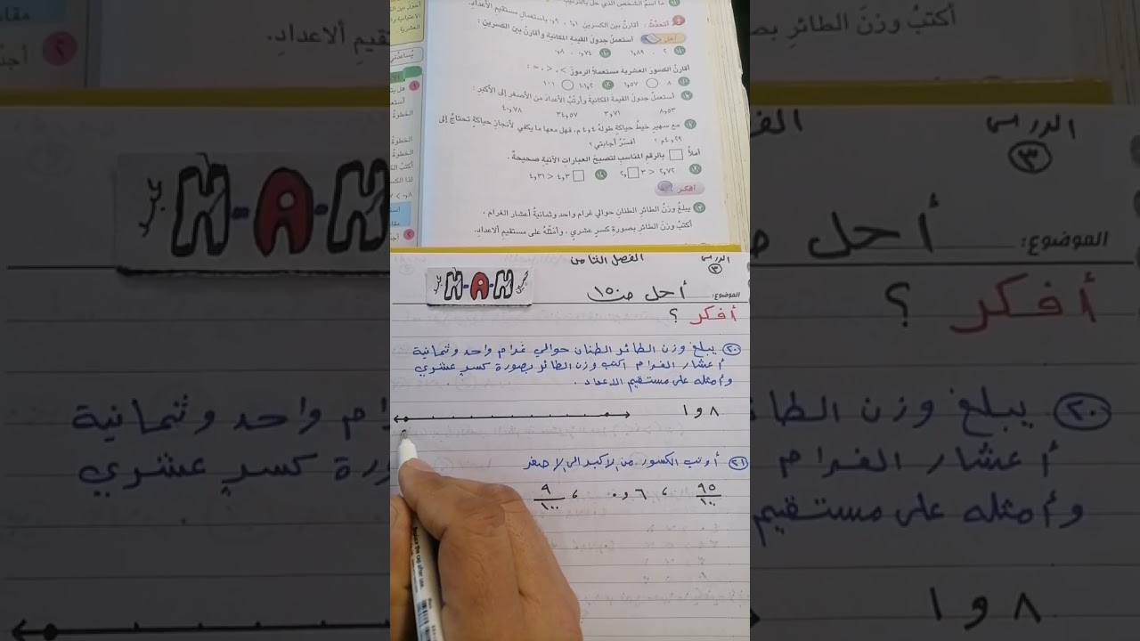 رياضيات الصف الرابع الابتدائي /الفصل الثامن حل تمارين فقرة احل صفحة 150 مقارنة الكسور العشرية 