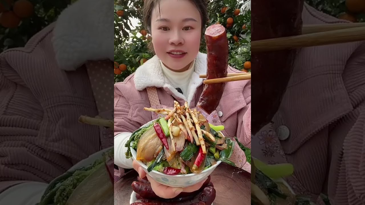 Yummy Spicy Food Mukbang | Delicious Countryside Meal 😋 Eat Fried Bacon With Sausage and Vegetables