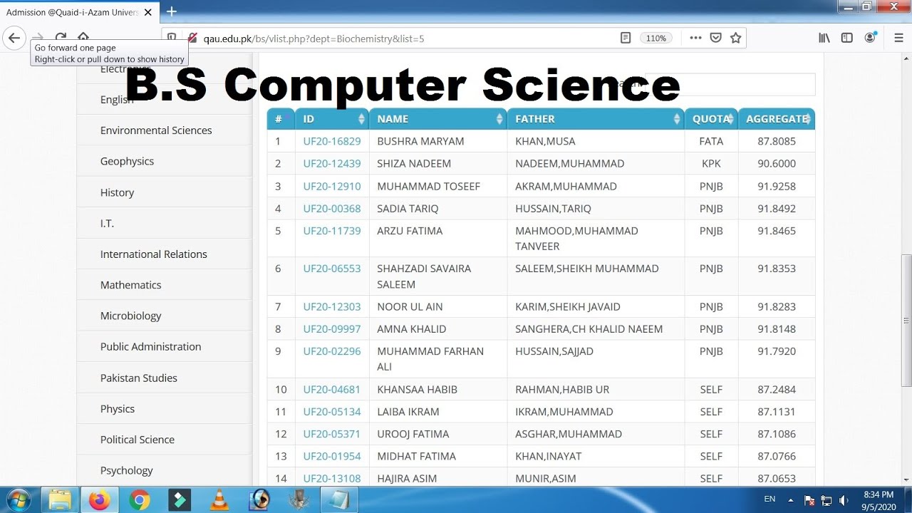 Quaid-e-Azam University | B.S Computer Science Fifth Merit List 2020