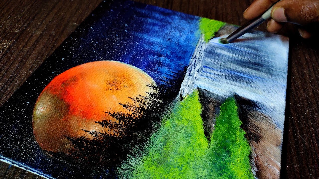 Easy Moonlight Waterfall Painting // Acrylic Painting Tutorial for Beginners