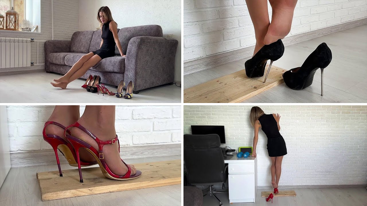 Sinking high heels in wooden plank, high heels bending, one heel standing, high heels crush (# 1456)