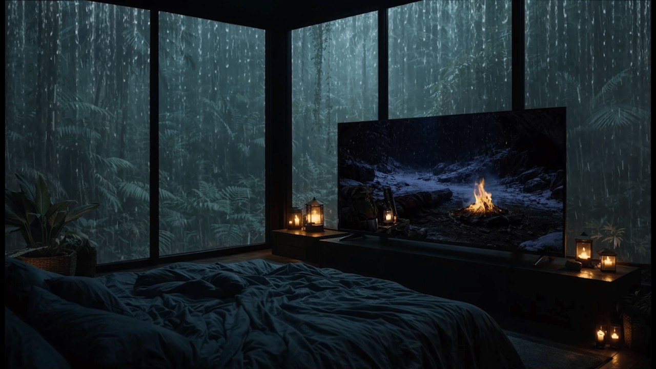 Heavy Rain Forest Night 🌧️ Cozy Bedroom Campfire Ambience for Deep Sleep