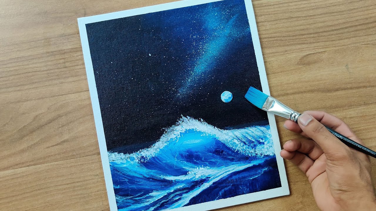 Monochrome #8 | Moonlight Ocean Waves | Acrylic Painting for Beginners | How To Paint Ocean Waves