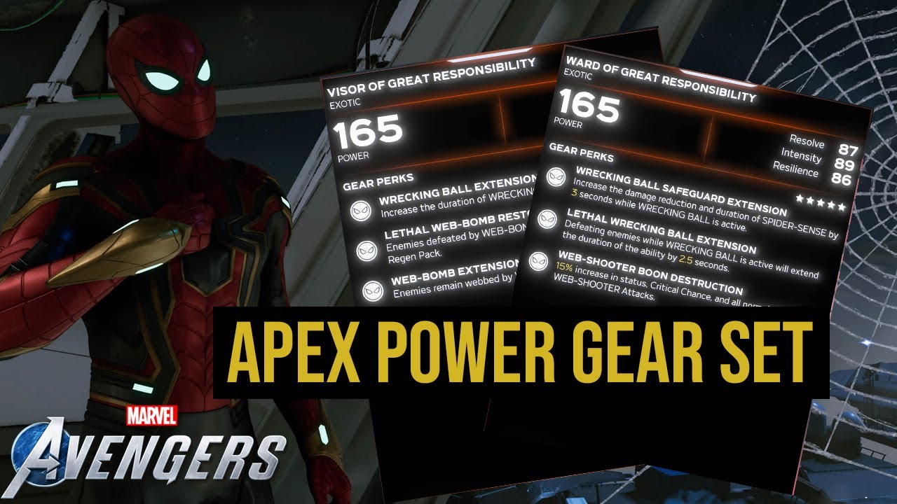 Marvel's Avengers - Gear Guide: Spiderman - Apex Power (Great Responsibility) Gear Set