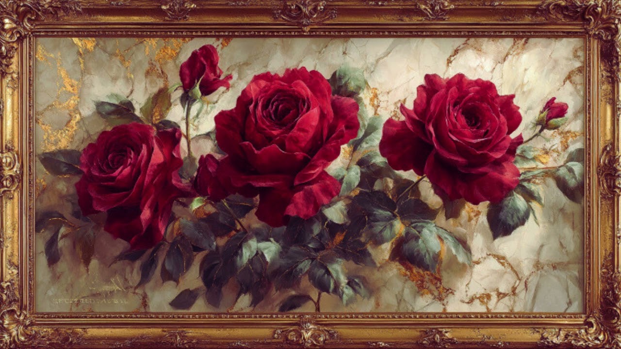 Rosas Rojas Elegantes en Marco Dorado 4K | Fondo Artístico Estático para TV | 2 Horas Silent