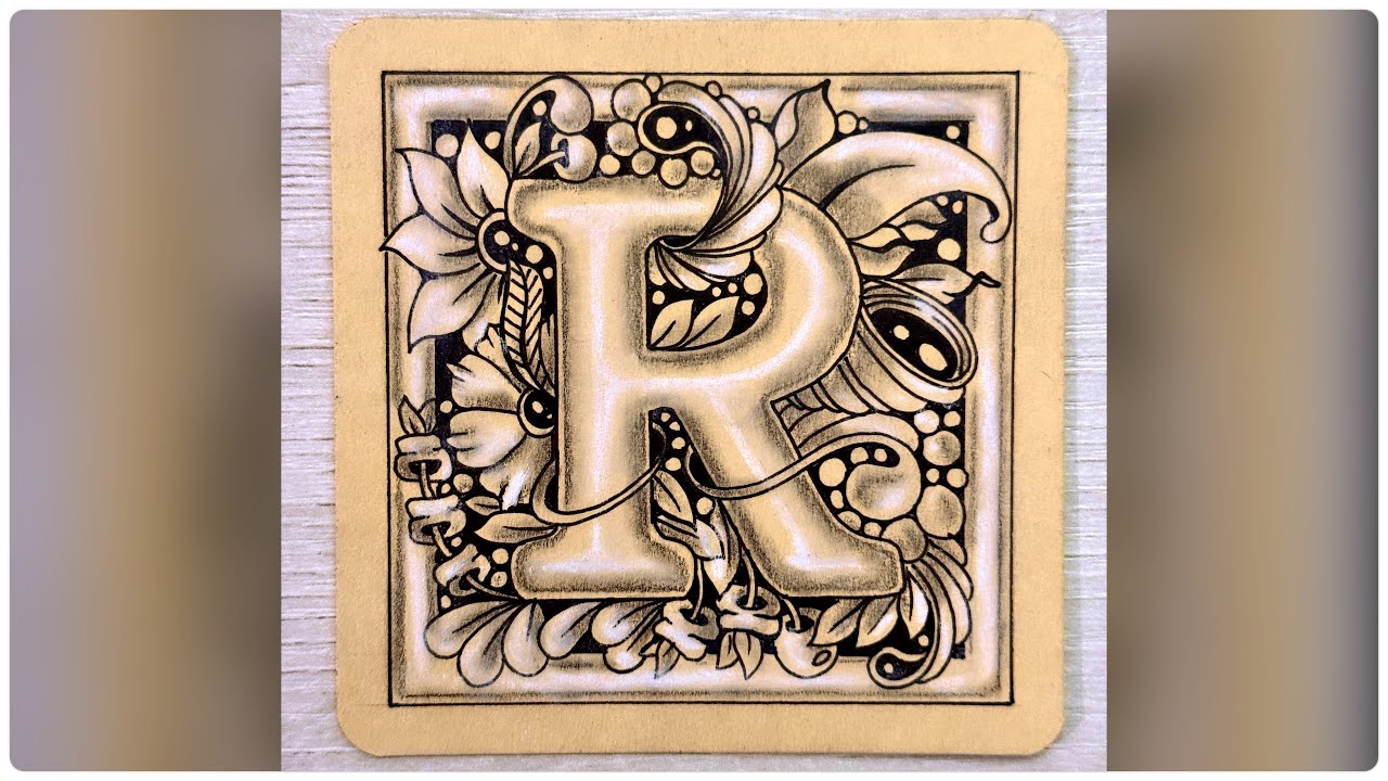 Step by Step Zentangle Inspired Ornamental Letter R Drawing Tutorial Guide 