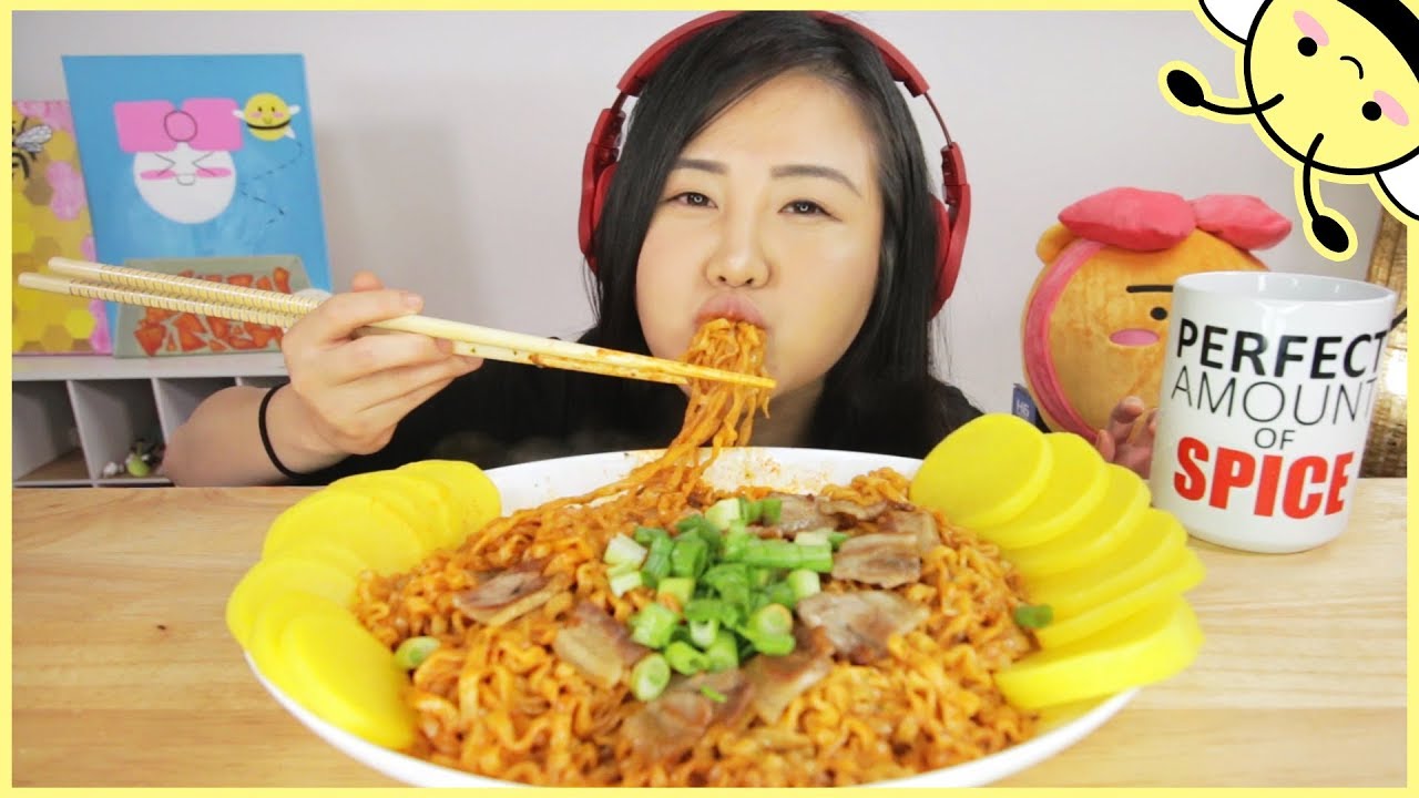 ASMR SPICY FIRE PORK BELLY CARBONARA NOODLES l Cooking + Eating Sounds