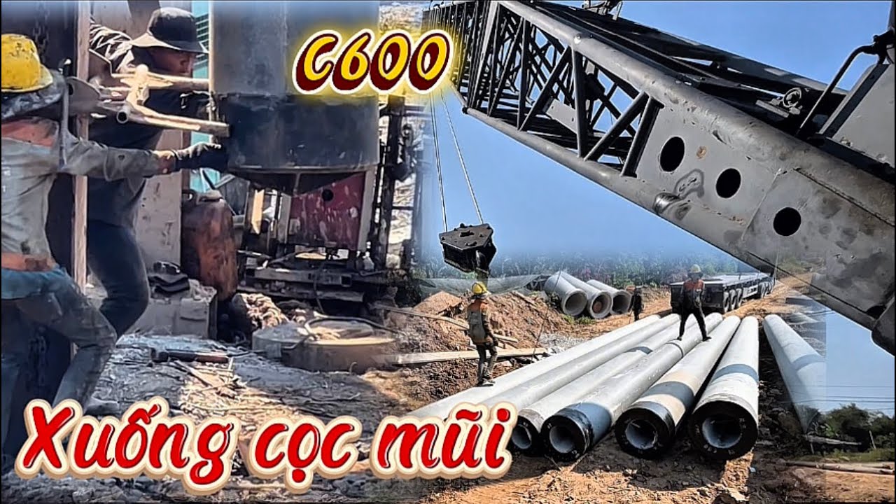 XE CHỞ CỌC C600 VỪA VỀ TỚI TRANH THỦ XUỐNG CỌC MŨI 