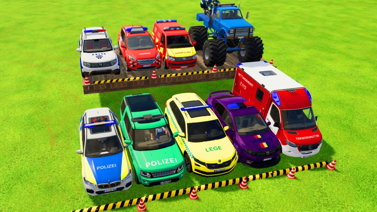 POLICE CAR, AMBULANCE, FIRE TRUCK, MOSNTER TRUCK, CAR TRANSPORT, POLIZEIAUTO, COCHE DE POLICÍA, FS22