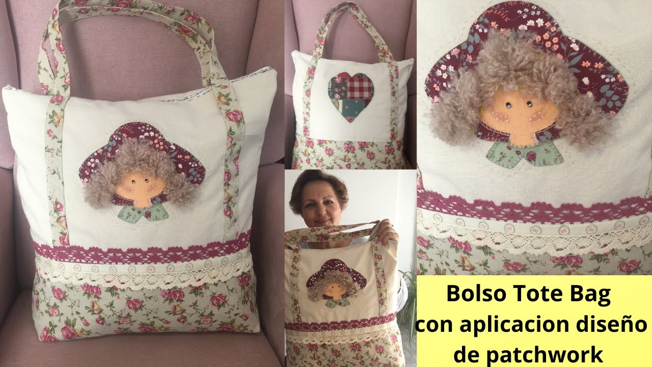 Como hacer Bolso Tote bag  con aplicación de muñeca diseño de Patchwork