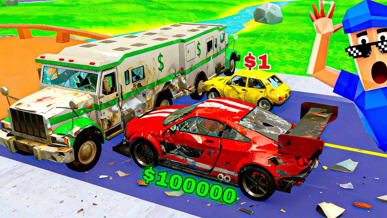 $1 vs $100000 Cars in Dude Theft Wars (Damage Test)