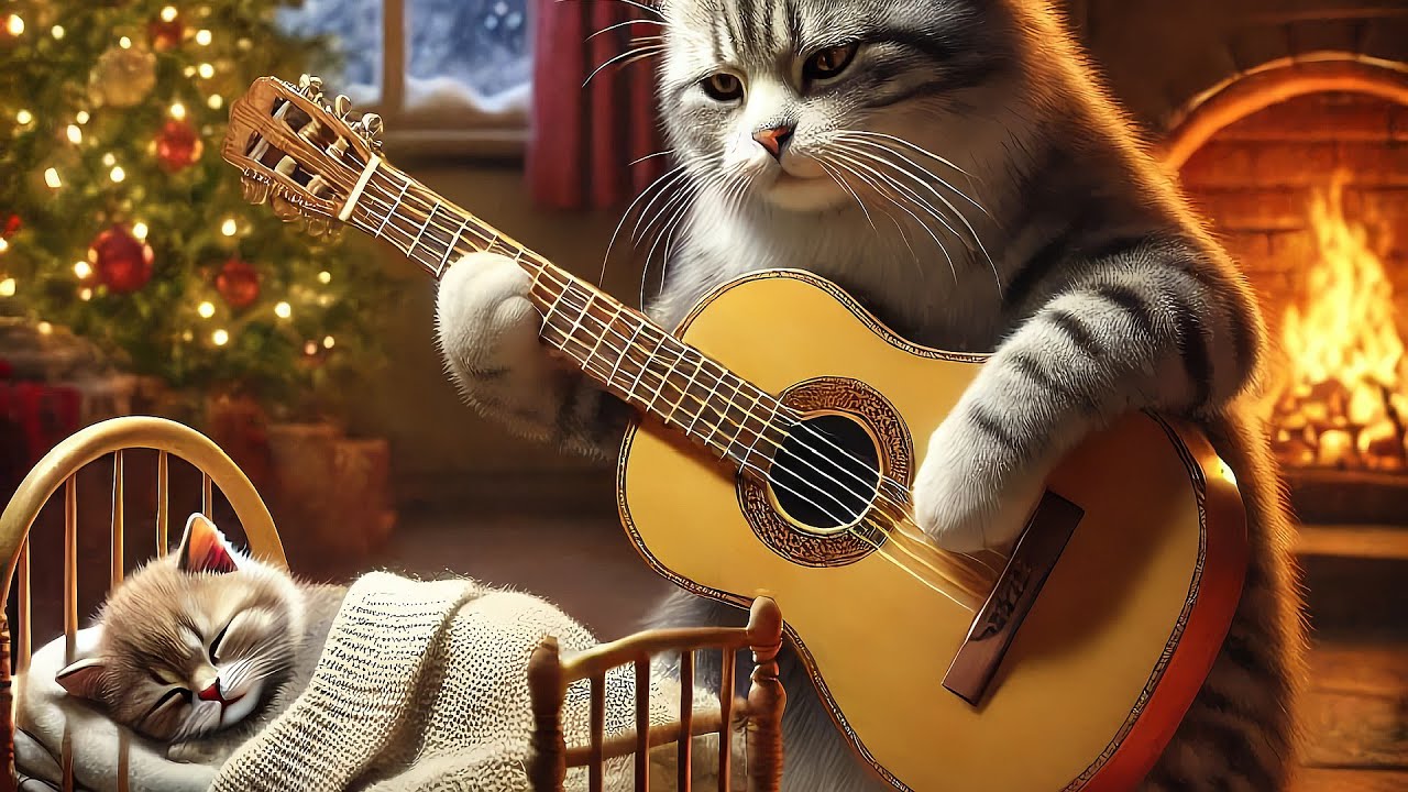 🎶 Lullaby by the Fireplace: A Cat Plays for Her Baby 🐱🎸 – Heavenly Lullaby Realm