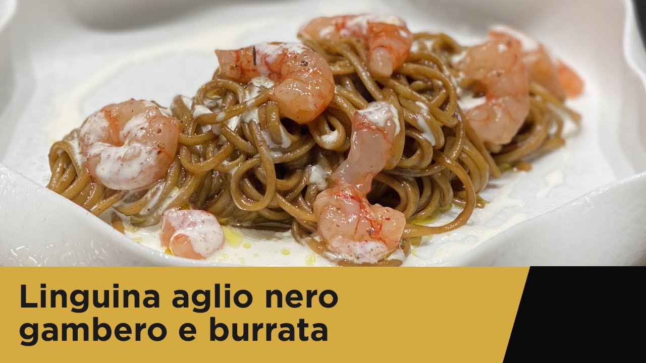 Linguine mantecate all’aglio nero, gambero rosso di Mazara e crema di burrata