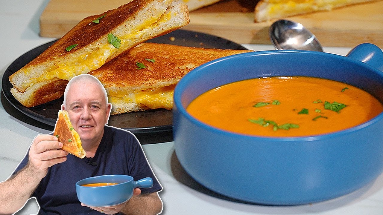 EASY Roasted Red Pepper and Tomato Soup with Cheddar Melt