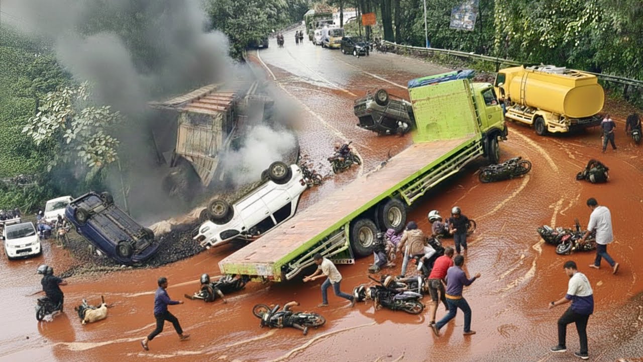 KEKACAUAN TAK TERBENDUNG !!! PETAKA TUMPAHAN MINYAK, Jalan Licin Truk Terguling Pemotor Berjatuhan