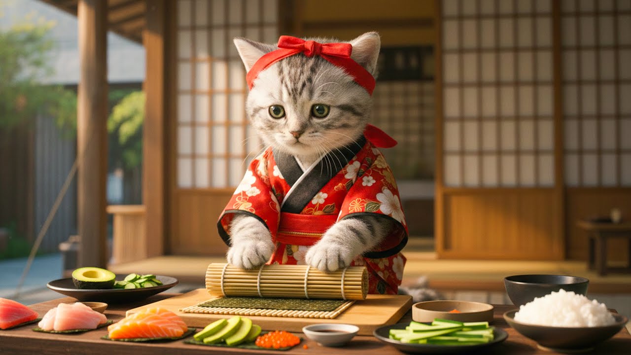 可愛すぎる！子猫のタキがスーパーに行って、自分でサーモン寿司を作る🍣🐱