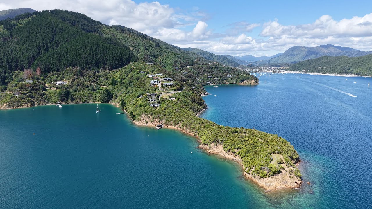 4K HDR - Aerial Drone - Karaka Point, Whatamango Bay and Queen Charlotte Sound in Summertime