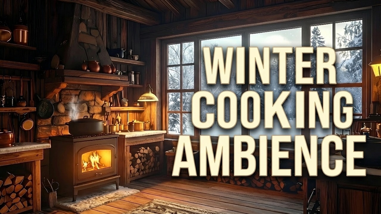Winter Cooking Ambience | Snowfall, Warm Stove & Soft Music