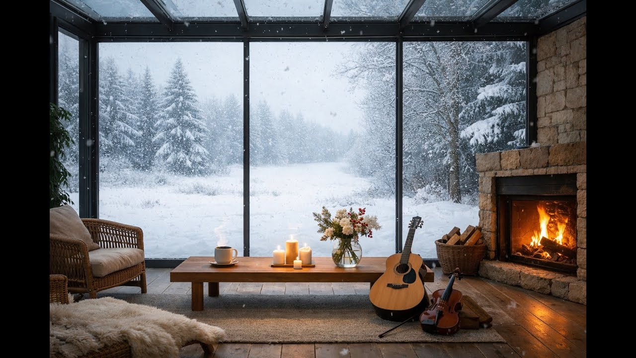 Cozy Fireplace Guitar and Violin Music for Coffee Time | Calming Background