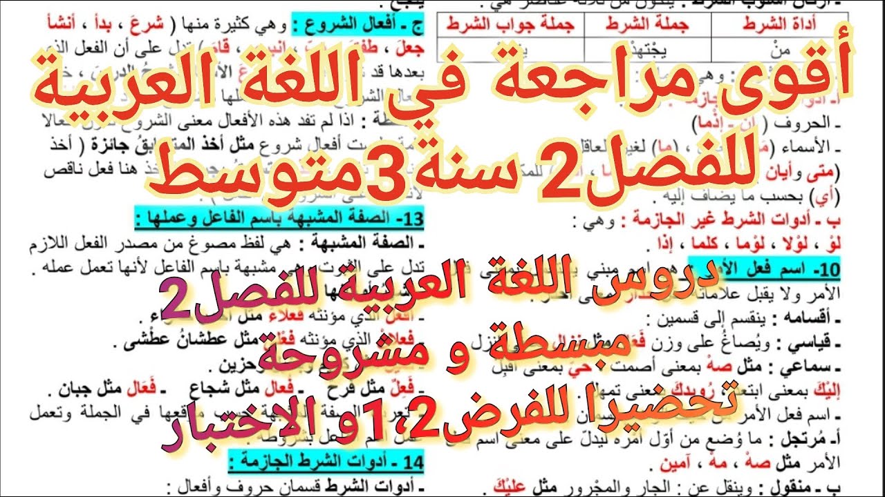 تحضيرات للفرضين 1و2 و الاختبار اللغة العربية للفصل2 سنة 3متوسط💥مراجعة و ملخص شامل لجميع الدروس