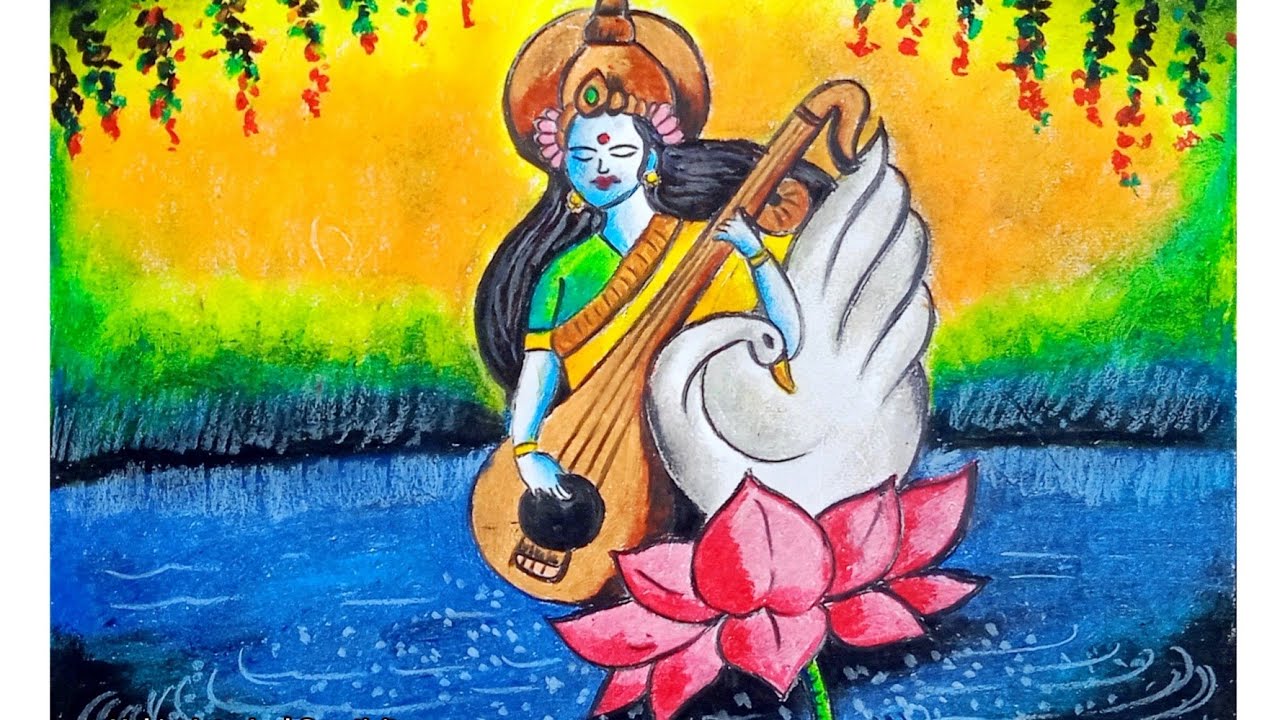Saraswati Devi Drawing With Oilpastel Step By Step.
