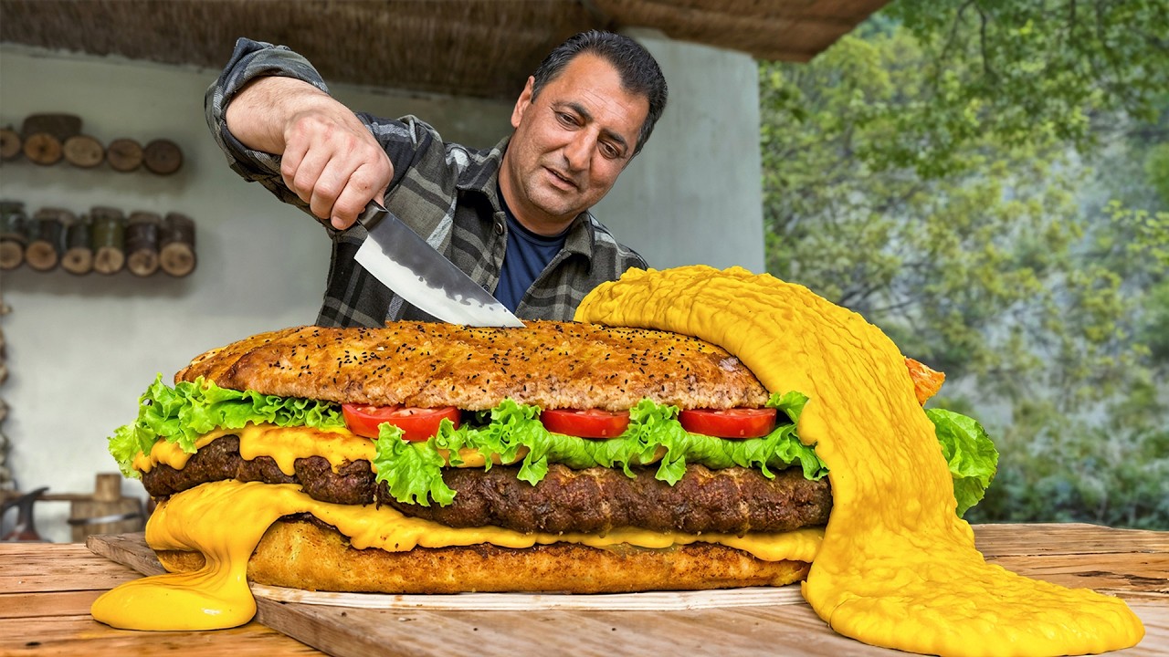 Hambúrguer Enorme e Suculento da Vila 🍔🔥 – Comida Rápida Rústica Como Nunca Viu!