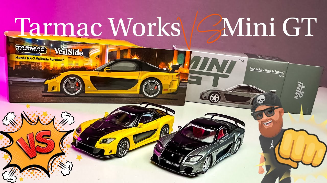 Mazda RX-7 VeilSide Fortune7 — Tarmac Works против Mini GT — битва Versus — JD Show 51 — масштаб ...