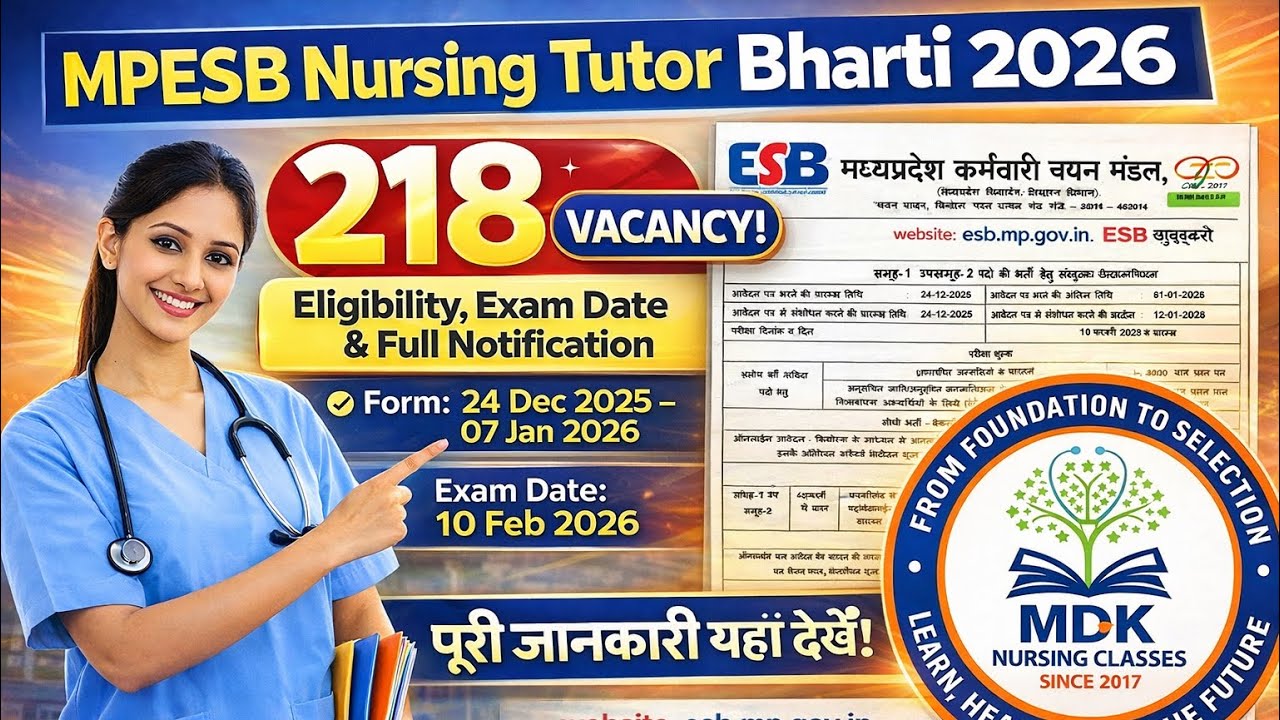 MPESB 218 Sister Tutor Vacancy 2026 | Online Form Date, Exam Date & Full Details