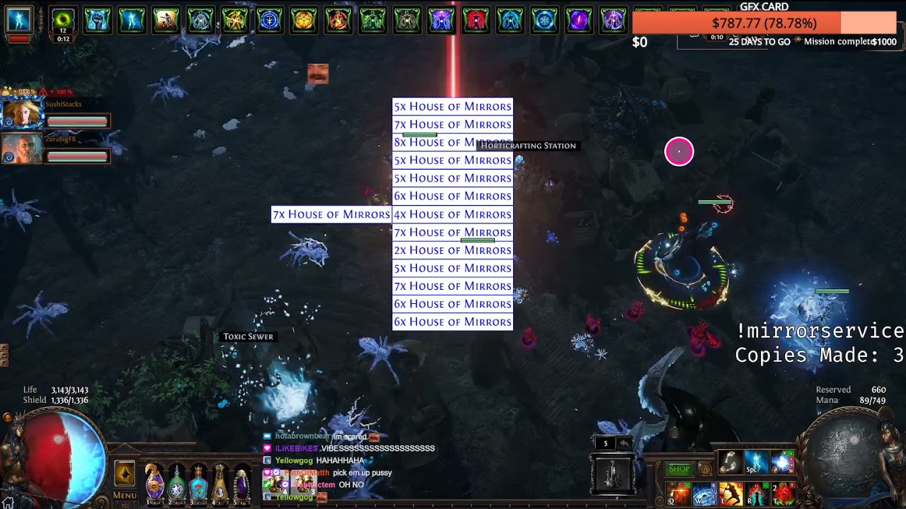 gambling 60 House of Mirrors in 15 seconds [Path of Exile]
