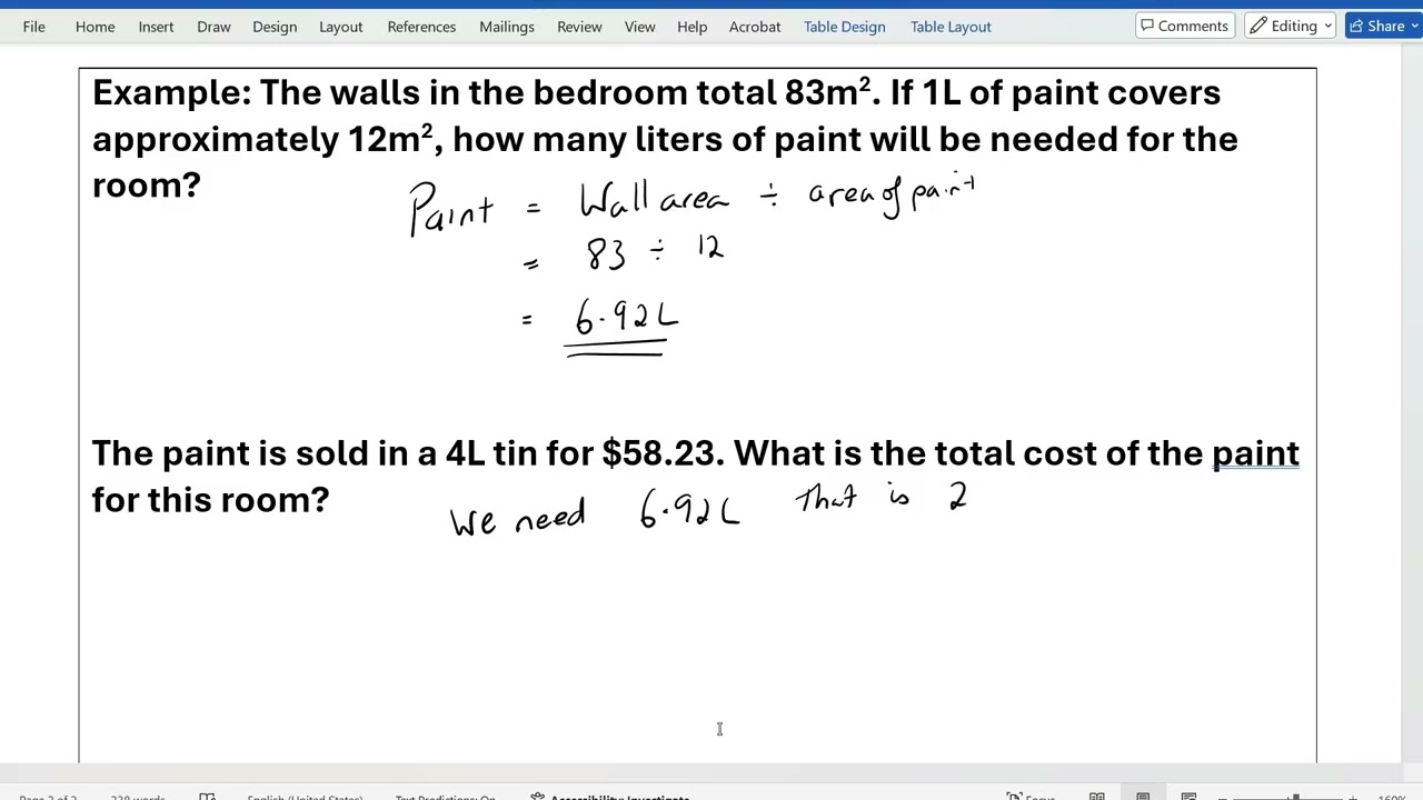 Area and Costings Example 2