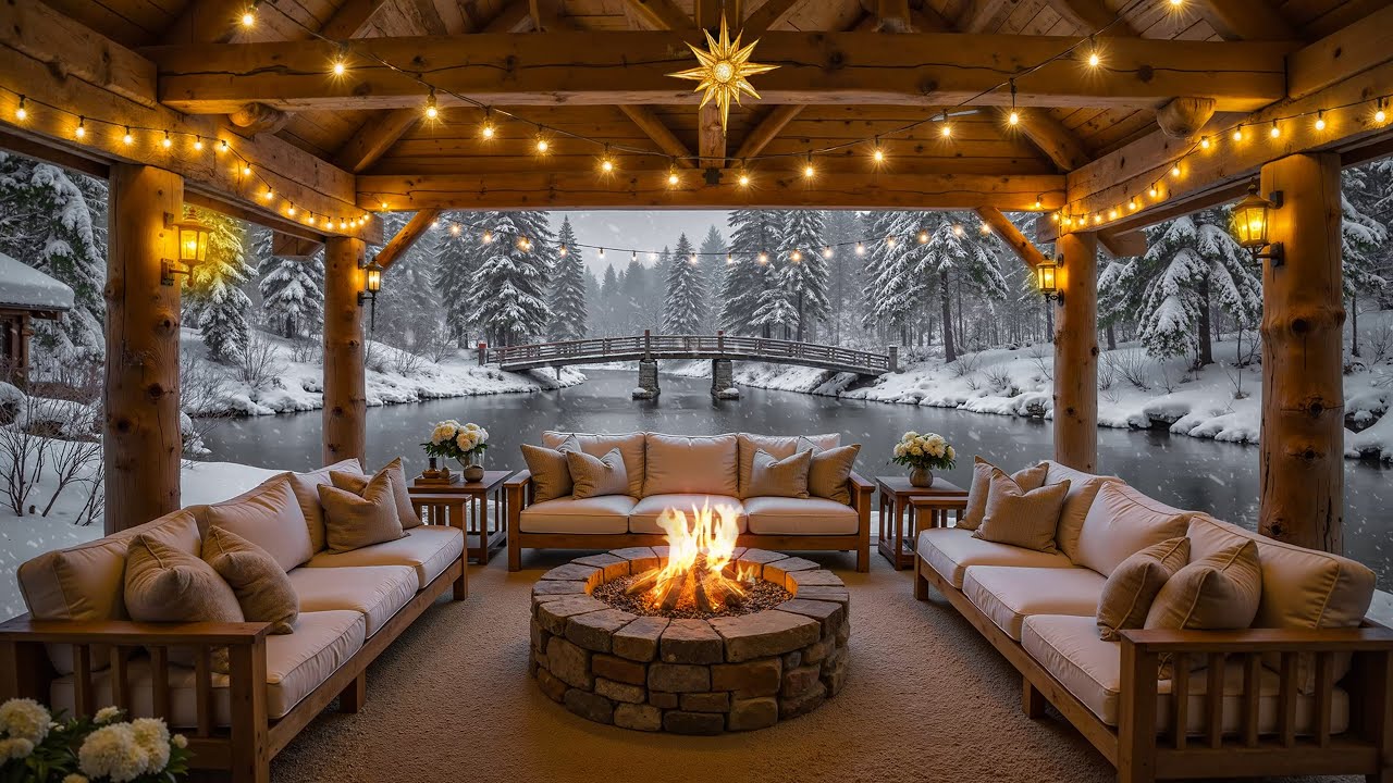 Snowfall at Cozy Winter Cabin Ambience ❄️ Slow Piano Music & Fireplace Sounds for Relaxation