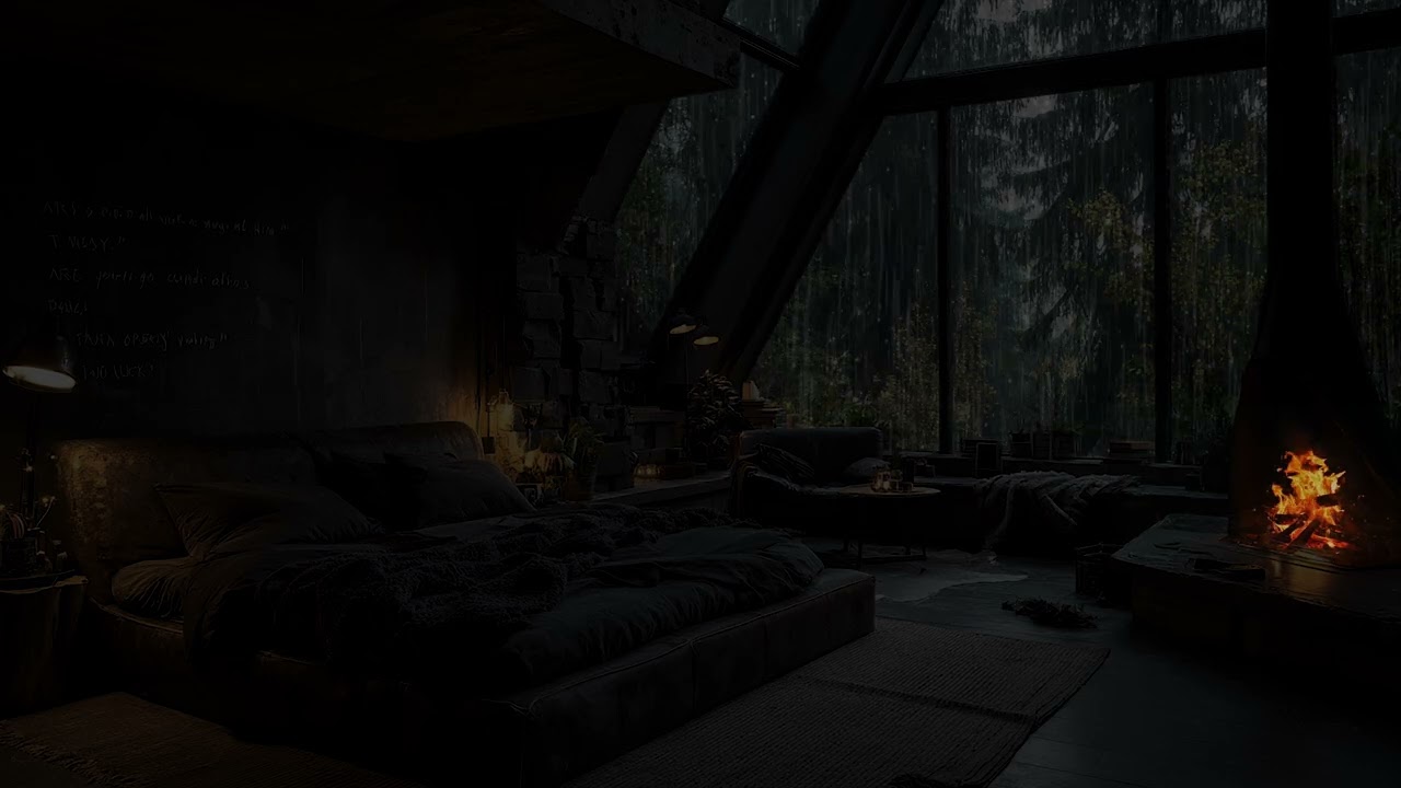 Peaceful Woodland Rain Beneath Cloudy Skies | Warm Indoor Fireplace Ambience Natural Rain Sounds