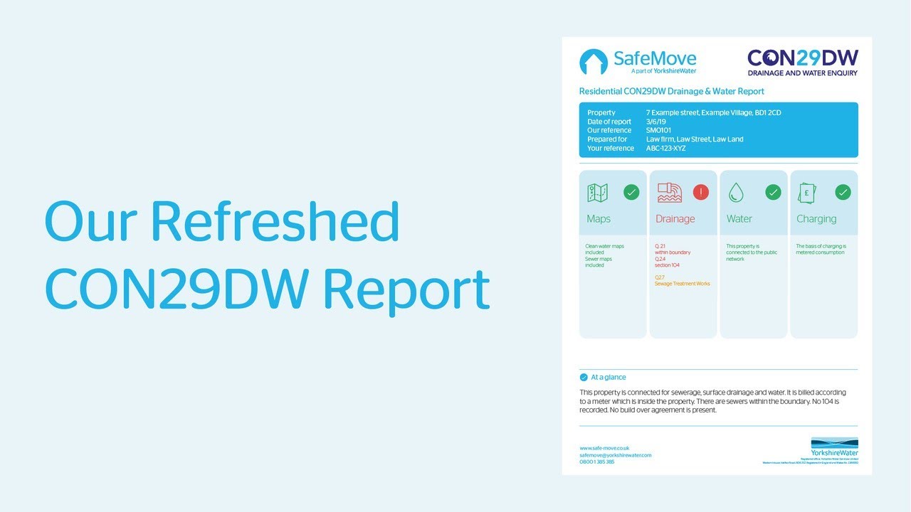 Overview of SafeMove's CON29DW Residential drainage and water Report for the Yorkshire Water region.