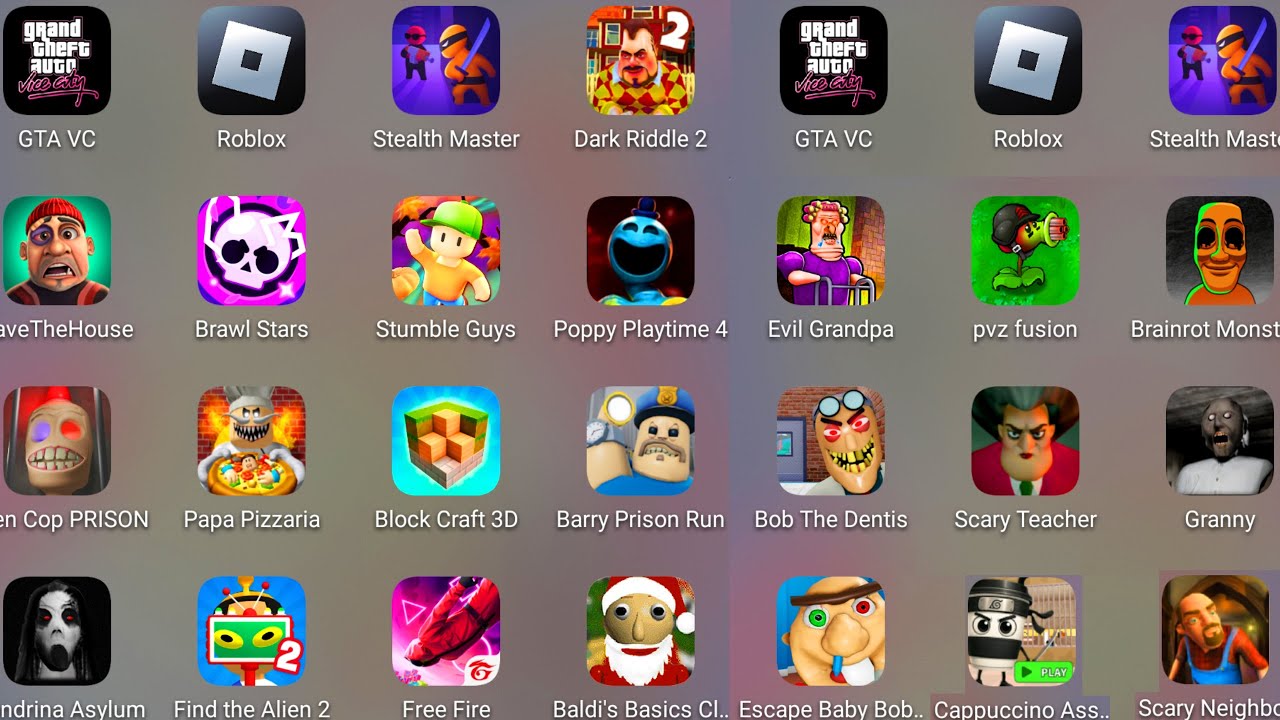Roblox,Poppy Playtime 4,Capuchino Assassino,EVIL GRANDMA,Scary Stranger 3D,GTA VC,BARRY'S PRISON RUN