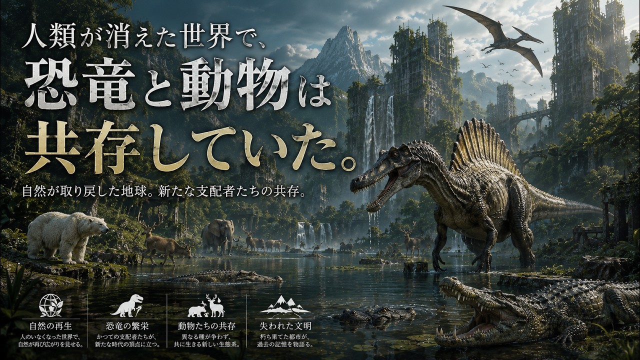 人類が消えた世界で、恐竜と動物は共存していた。